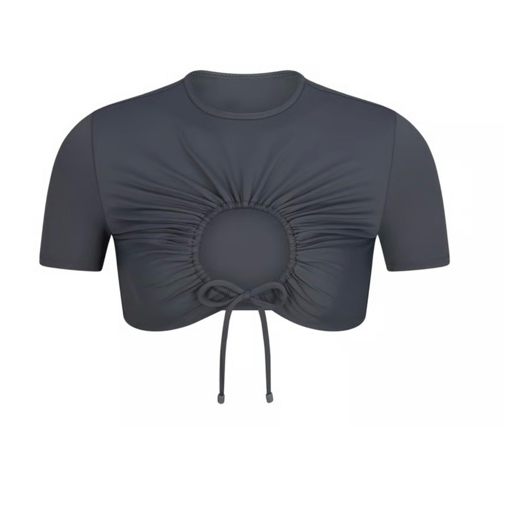 SKIMS Recycled Swim Ruched Gunmetal Gray Cutout Crop Swim T-Shirt Size M NWT